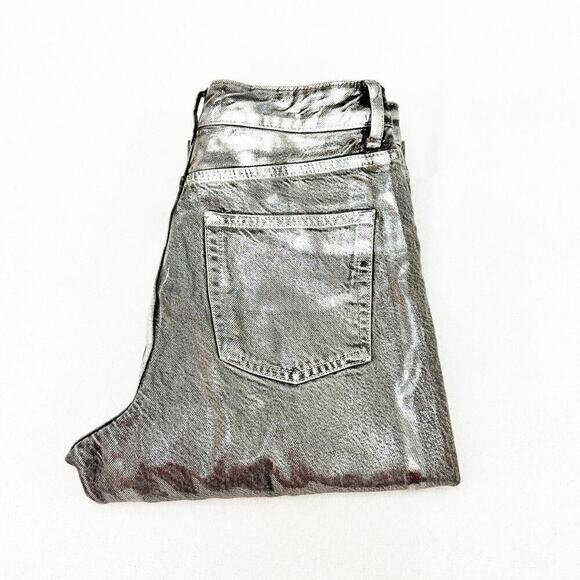Zara Coated Silver Gray Metallic Denim Jeans Raw Hem Straight Leg Size 4 - Picture 1 of 10